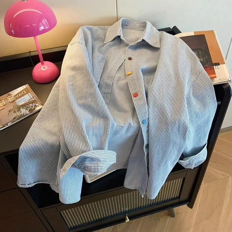 Vintage denim striped oversized shirt beautiful womens promotion collar spring long sleeved top 250220