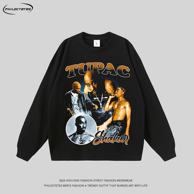 American style high trend rap washed long sleeved T-shirt for men and women hip-hop street distressed casual base t