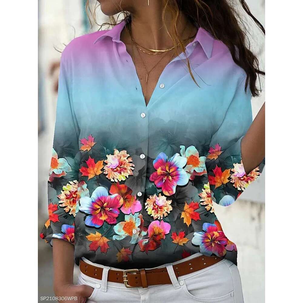 Fashion Casual Printed Elegant Long-Sleeved Woman Shirt All-Match Loose Top