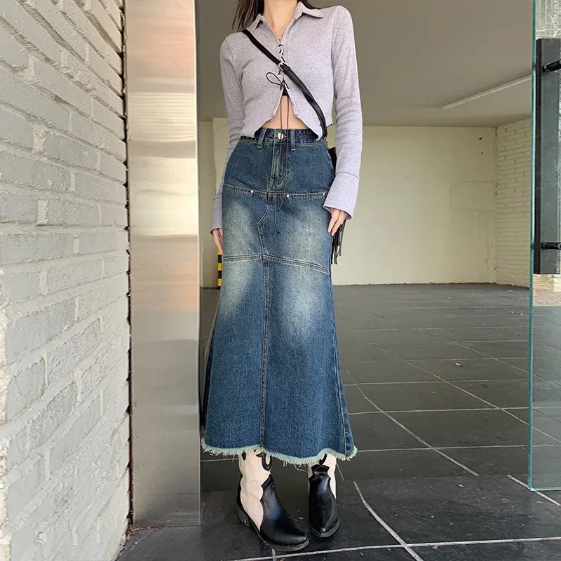 Nichefringe Black Grey Denim Skirt Womens Slimming Versatile MediumLength Fish Tail Spring 2024 Arrival 250220