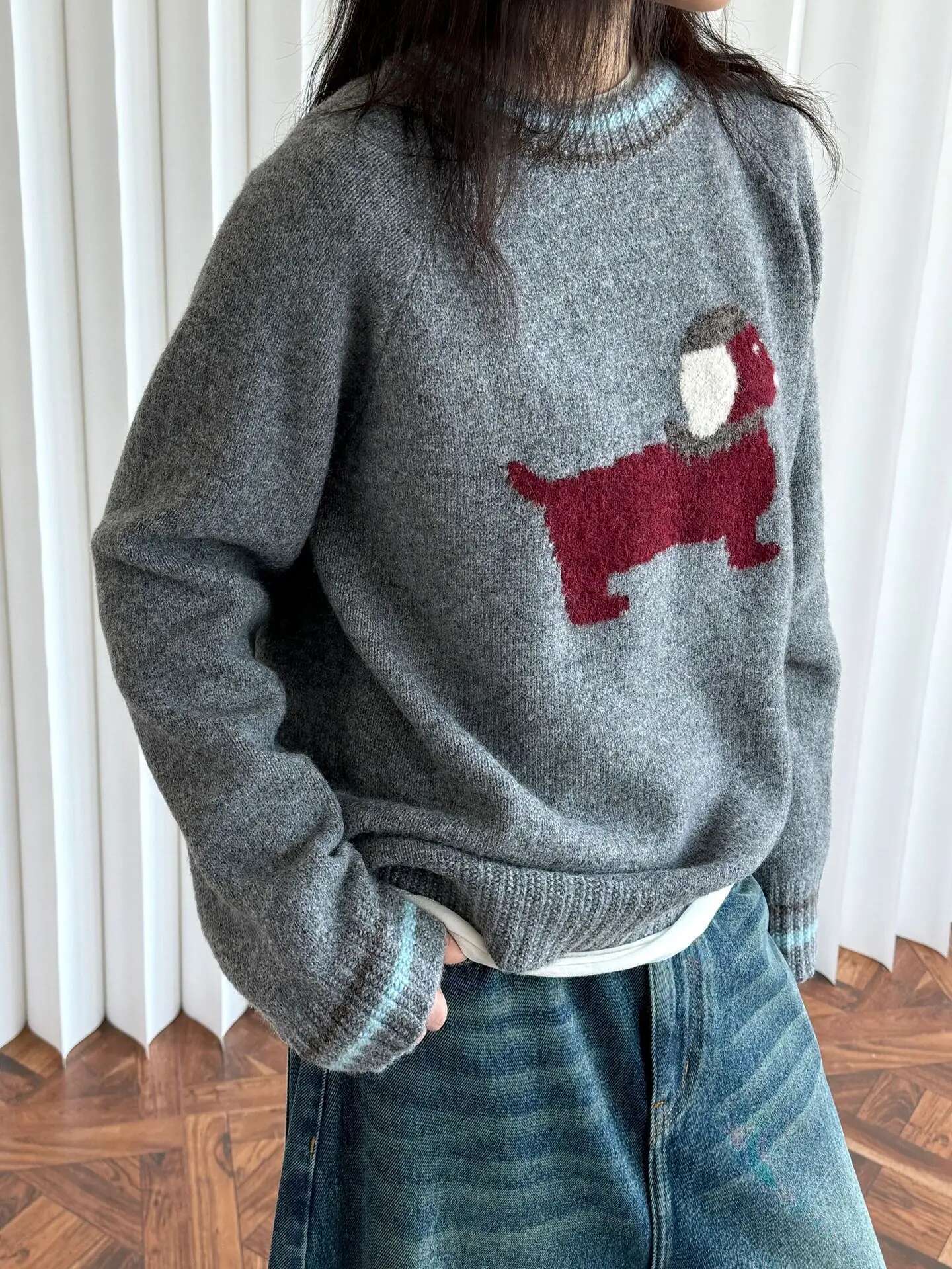 Winter Women's Casual Dog Pattern Round Neck Long Sleeved Loose Sweater