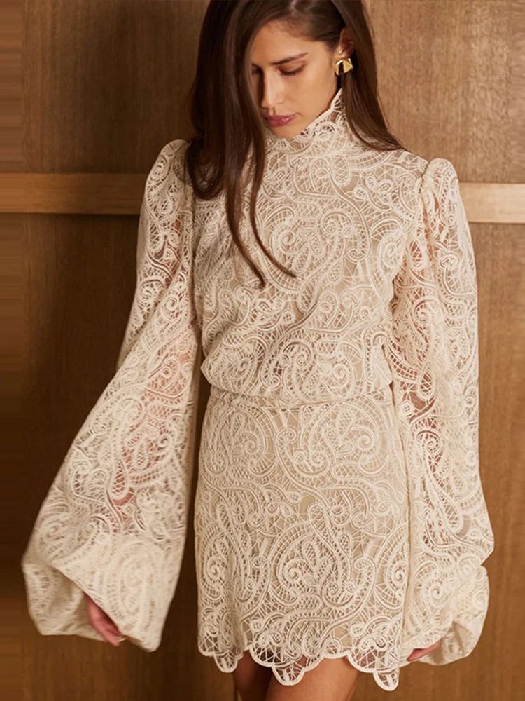 Fashion Lace Hook Flower Skirt Set Womens Turtle Neck Long Lantern Sleeve Shirt A-line Mini Skirt Spring Womens Wear 250220