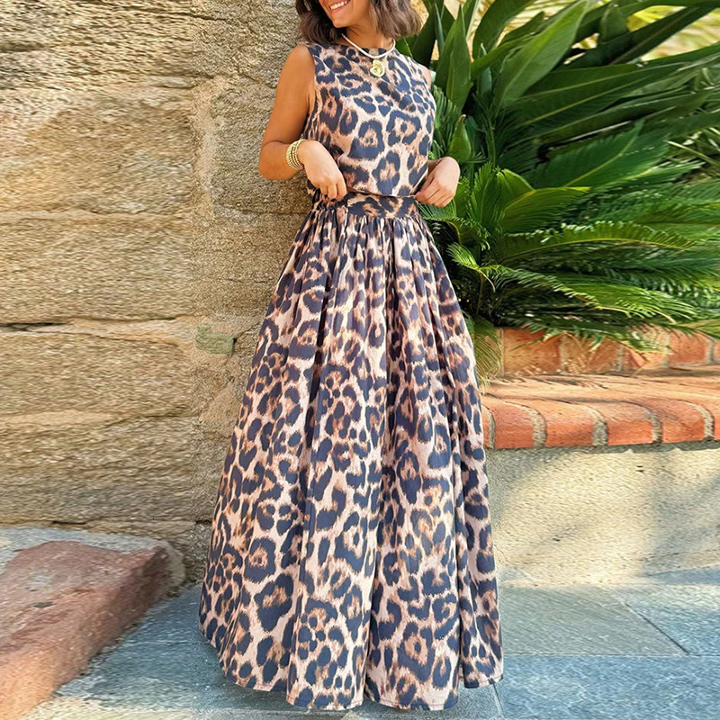 Fashion leopard print womens two-piece spring O-neck sleeveless vest top and long sleeved jacket summer backless bow knot set 250220