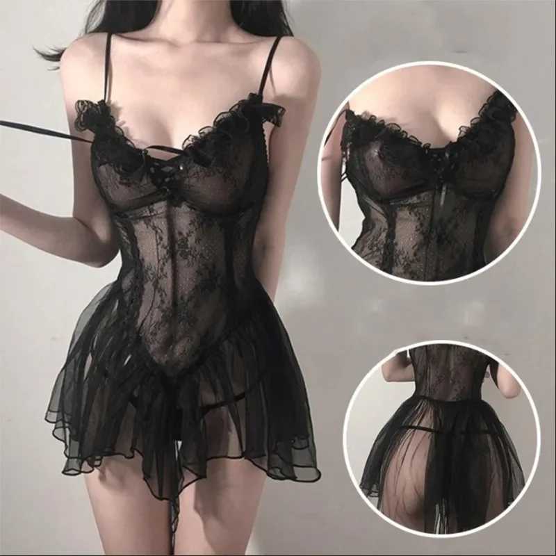 Black Gentle Temptation Dress Set Sexy Date Nightgown S-XL Underwear Woman Sexy Two Piece Sets Lace Babydoll Thong Erotic Suit W250220