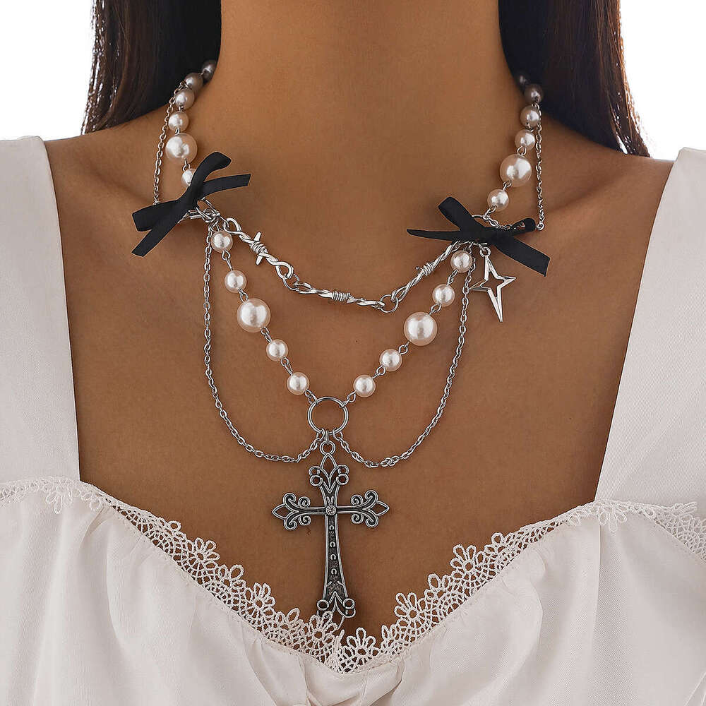 Jewelry Cross Metallic Bow Necklace Small Fresh Alloy Imitation Pearl Clavicle Chain