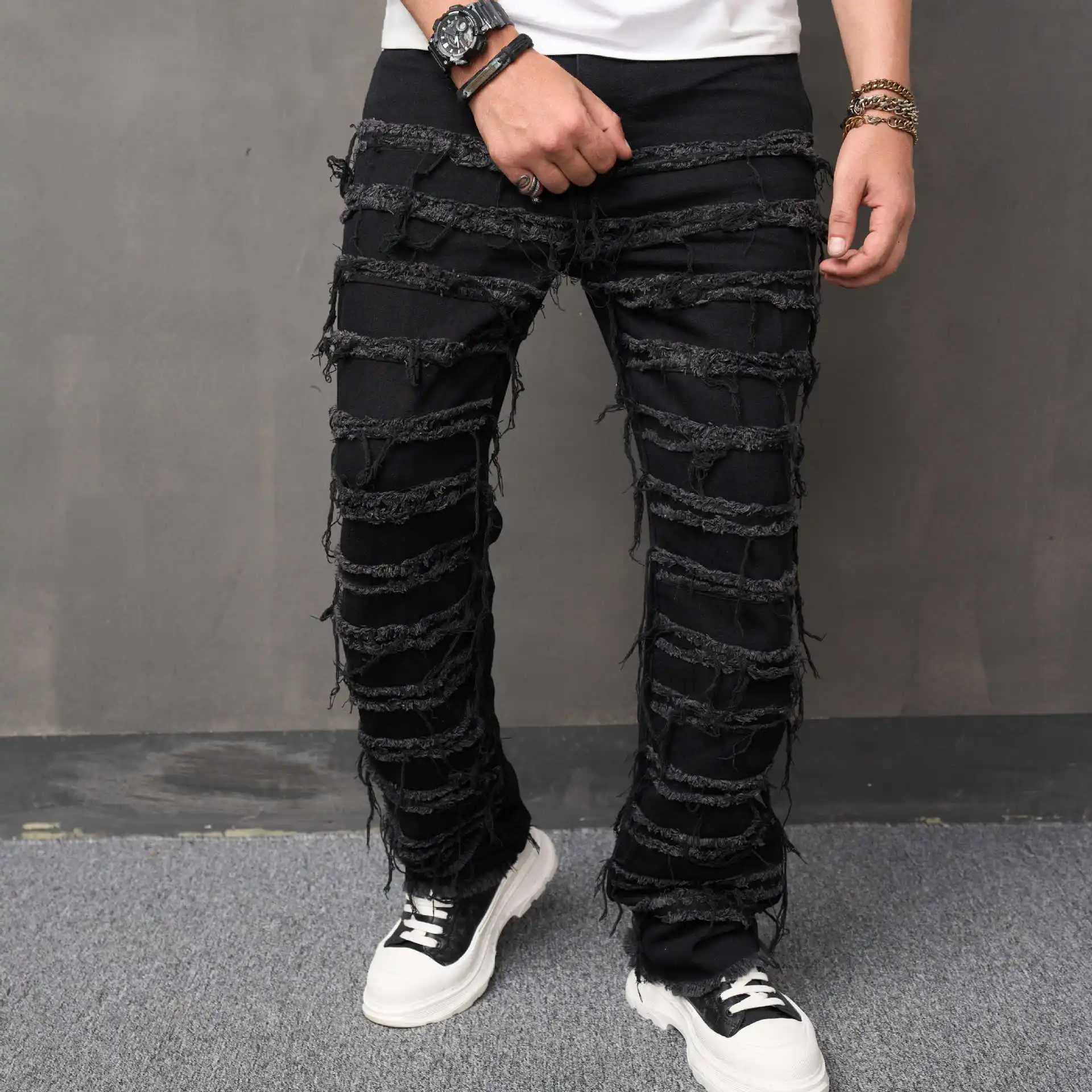 2024 New Mens Loose Fashionable Wide-leg Casual Solid Color American Denim Long Pants with Ripped Holes and Whiskering. X250220