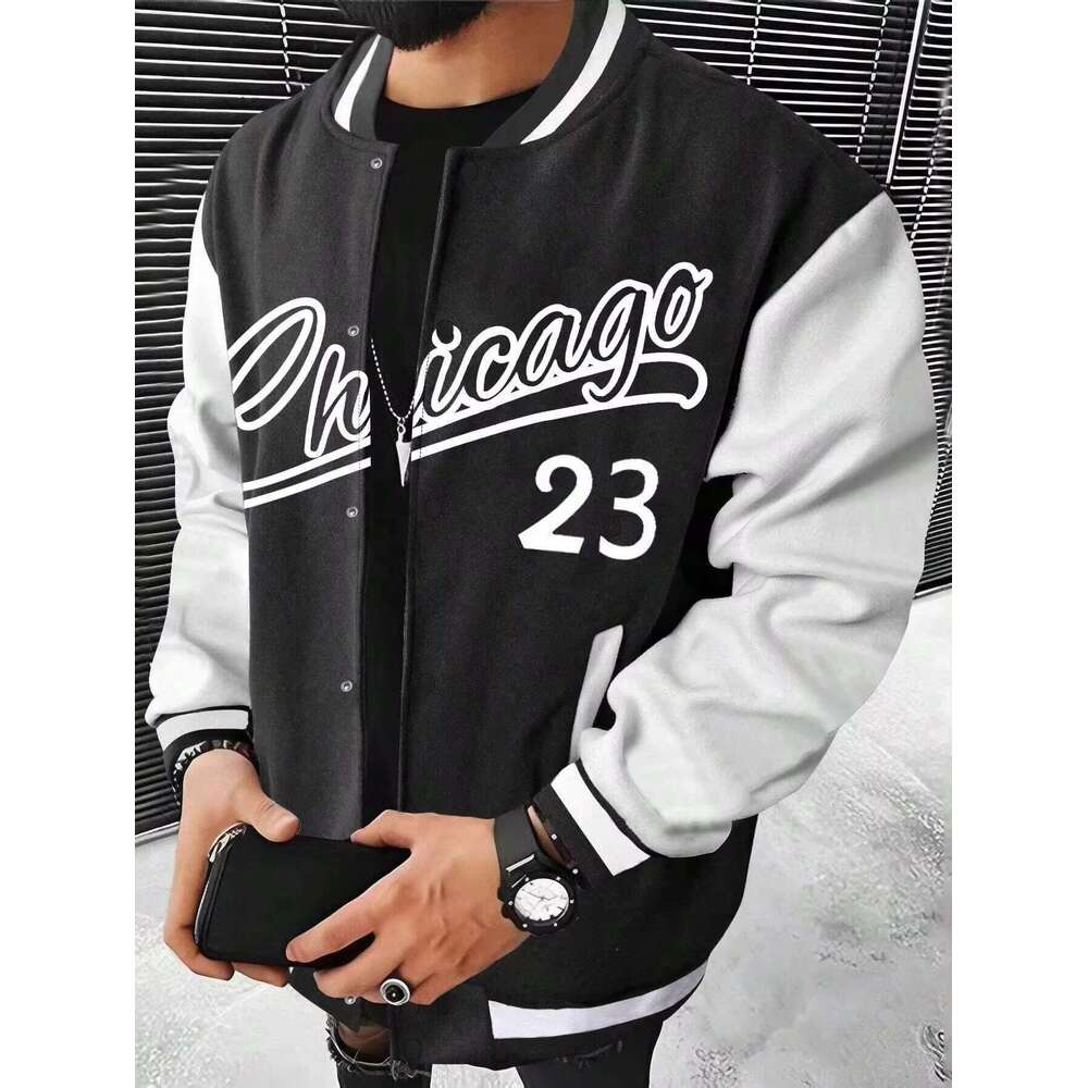 Manfinity - Men's leather baseball jacket, streetwear, printed paper, motorcycle