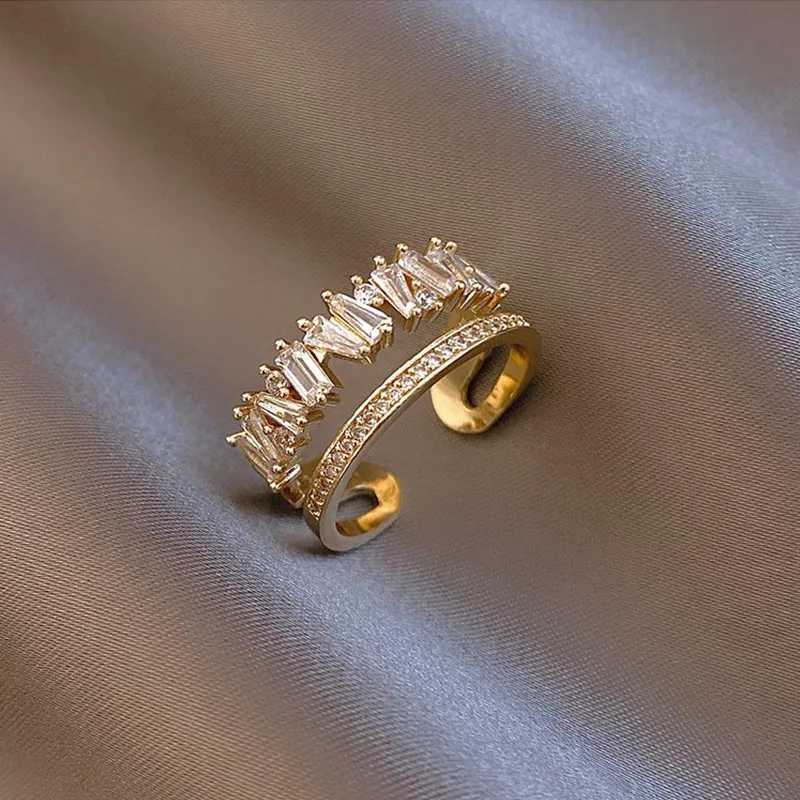 Luxury Zircon Gold Color Double Layer Adjustable Opening Rings For Wen Fashion Wedding Party Jewelry Birthday Gift s X250220