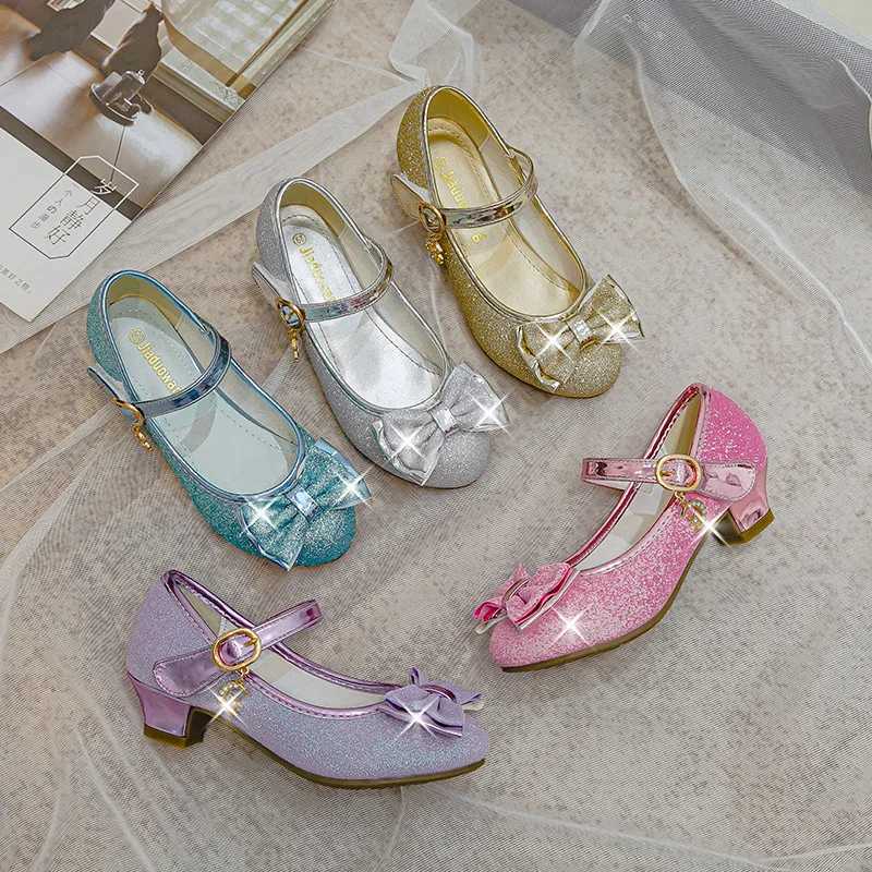 Girls Sandals Rhinestone Butterfly Latin Kids Shoes Children High Heel Princess Shoes Glitter Leather Party Dress Wedding X250220