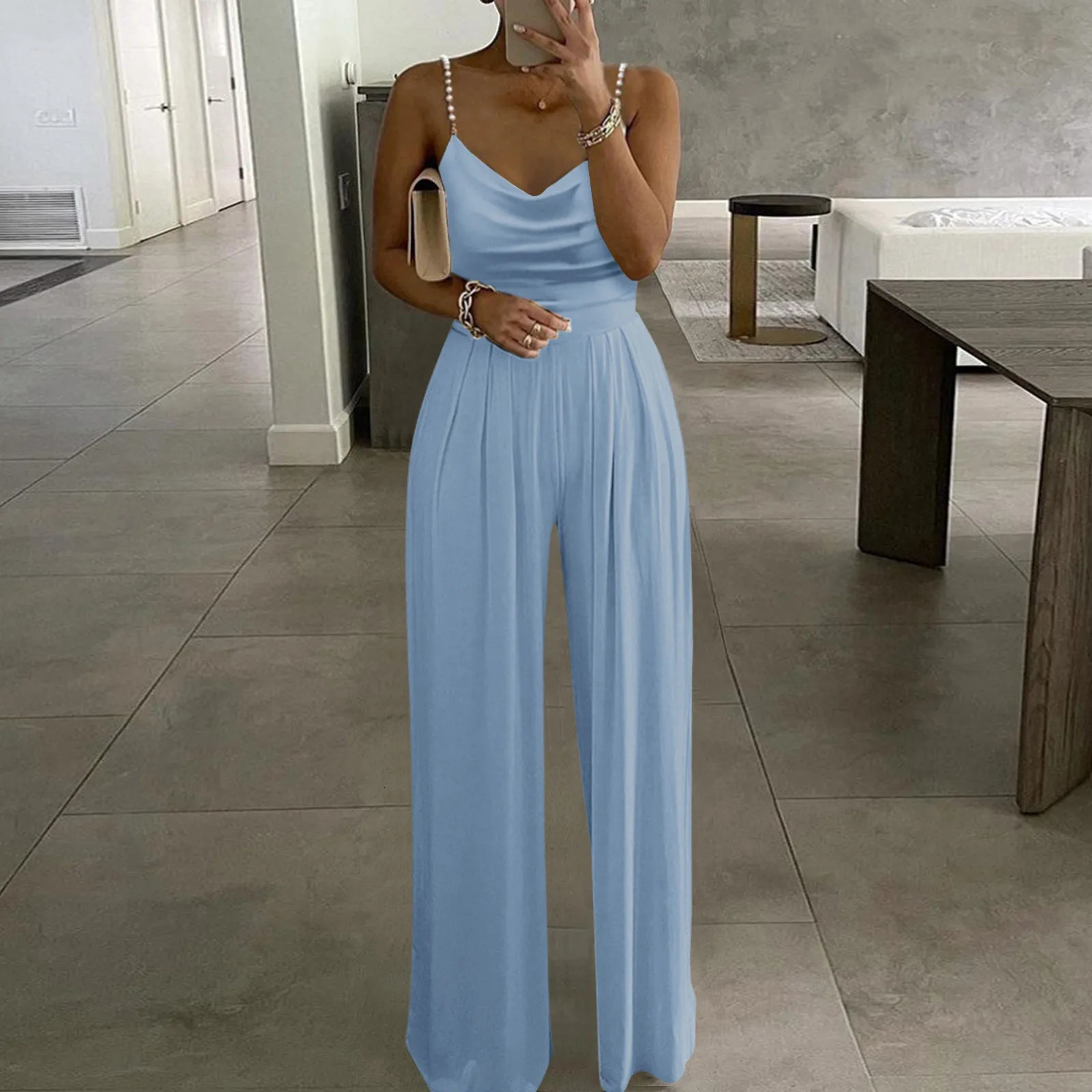 Womens Party Sexy Spaghetti Strap Jumpsuits Fashion Pile Neck Pearl Bandage Rompers Female Wide Leg Pant Overalls 250220
