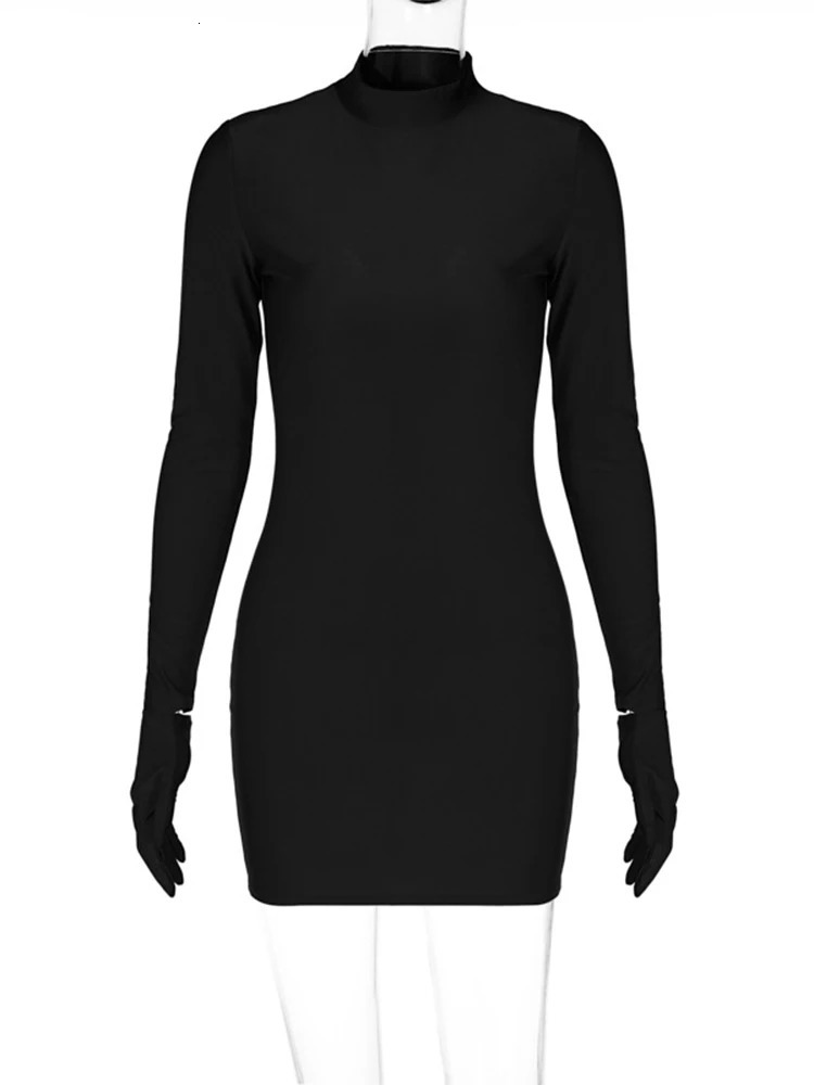 Solid Long Sleeve With Gloves Mini Dress Bodycon Sexy Streetwear Party Half Turtleneck Outfits Y2K Clothes Wholesale 250219