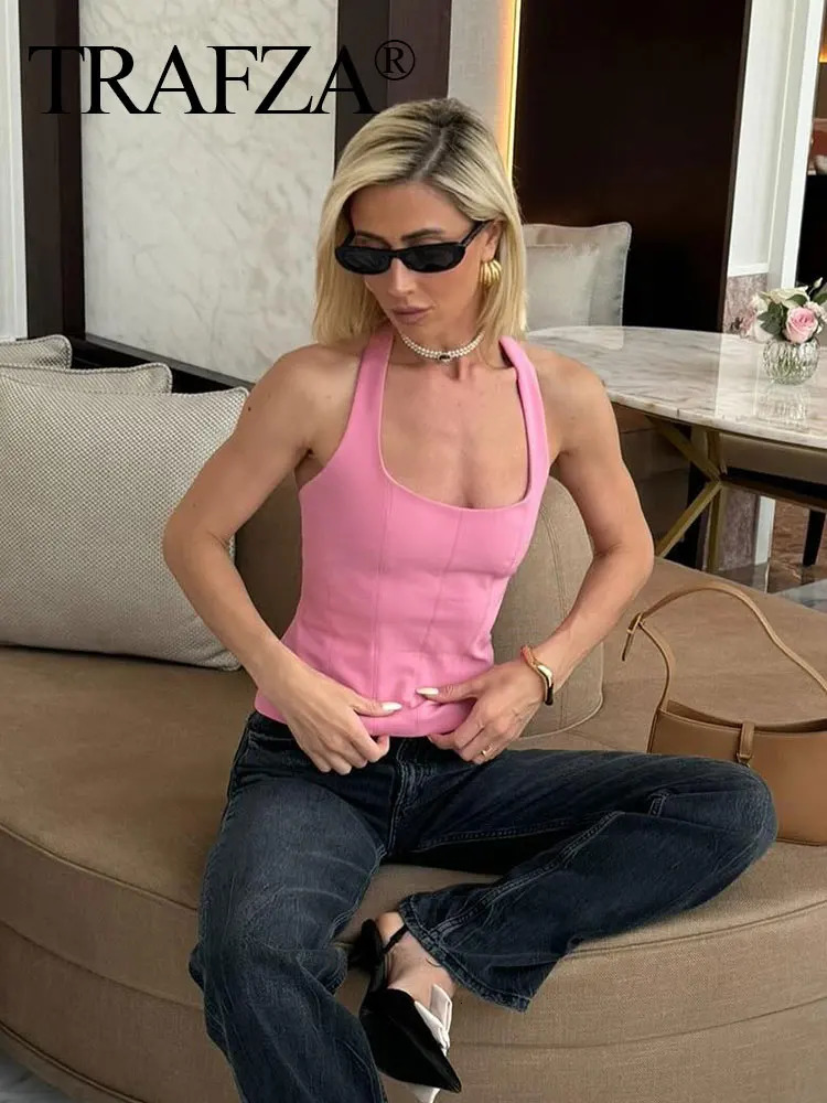 TRAFZA Summer Woman Solid Halter Neck Camis Sleeveless Slim Short Tops Wild Sexy Party Chic Elegant Womens Top Y2k 250218