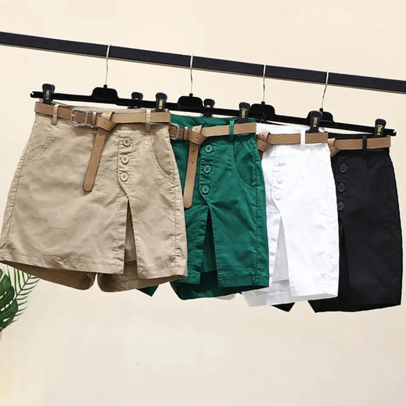 Fashion shorts womens belt Korean solid button side seam Aline streetwear fashion skiing chic Harajuku summer loose pants 250214
