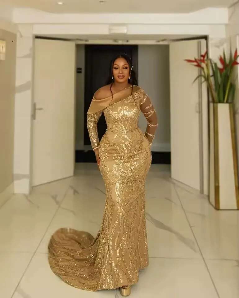 Gold Sparkg Long Sleeves Mermaid Prom Dresses African Women Aso Ebi Evening Birthday Party Gowns Customized