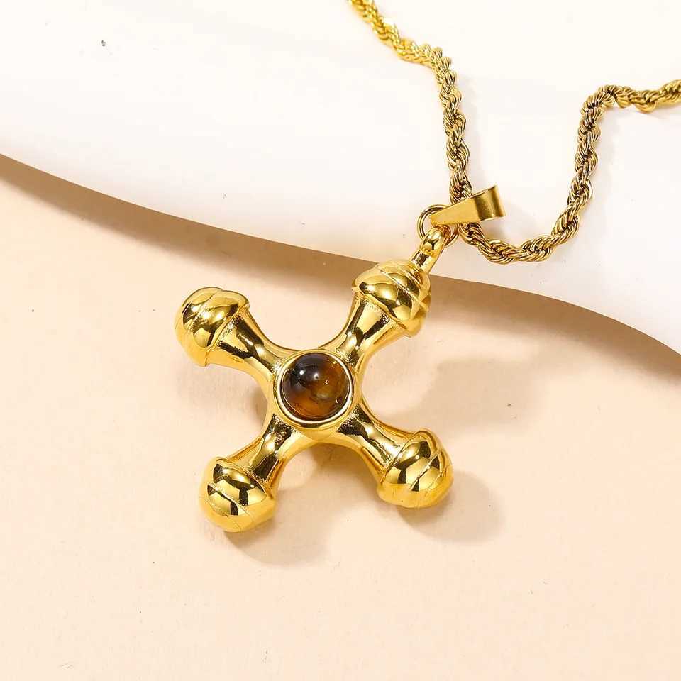 Stainl Steel Cross With Tiger Eye Stone Pendant Necklace Does Fade Women Men Couple Holiday Gift Necklace Versatile JewelryXJ250219