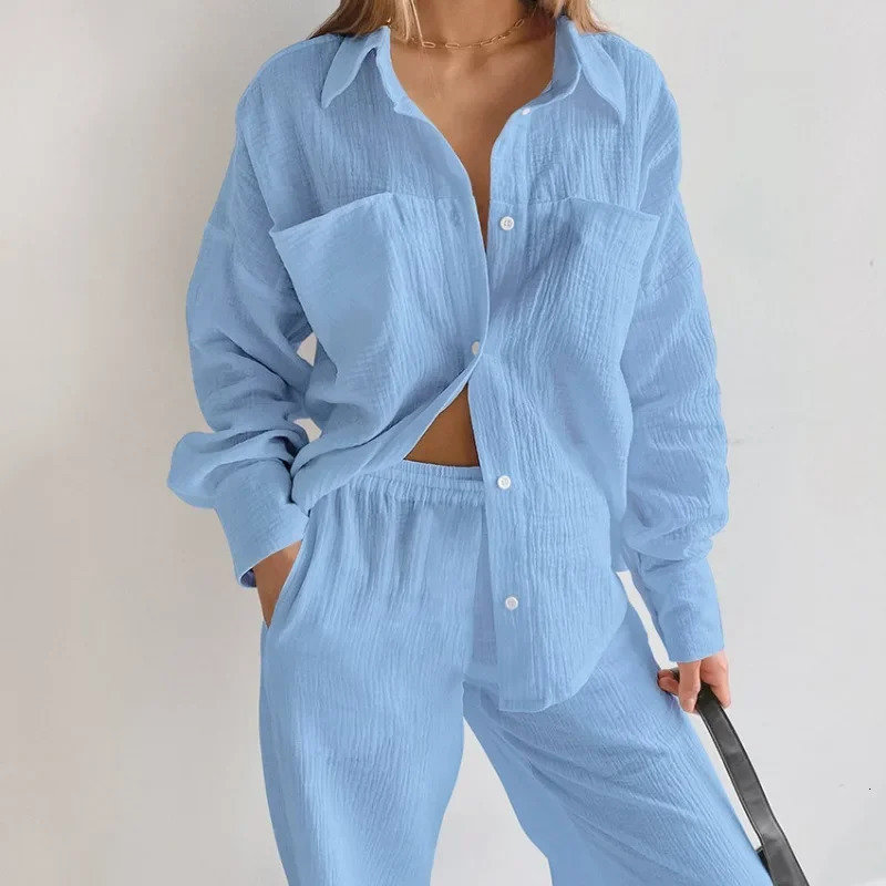 Muslin Womens Pajamas 100%Cotton Long Sleeve 2 Piece Sets Nightwear Female Casual Trouser Suits Spring Sleepwear Home Suit 250219