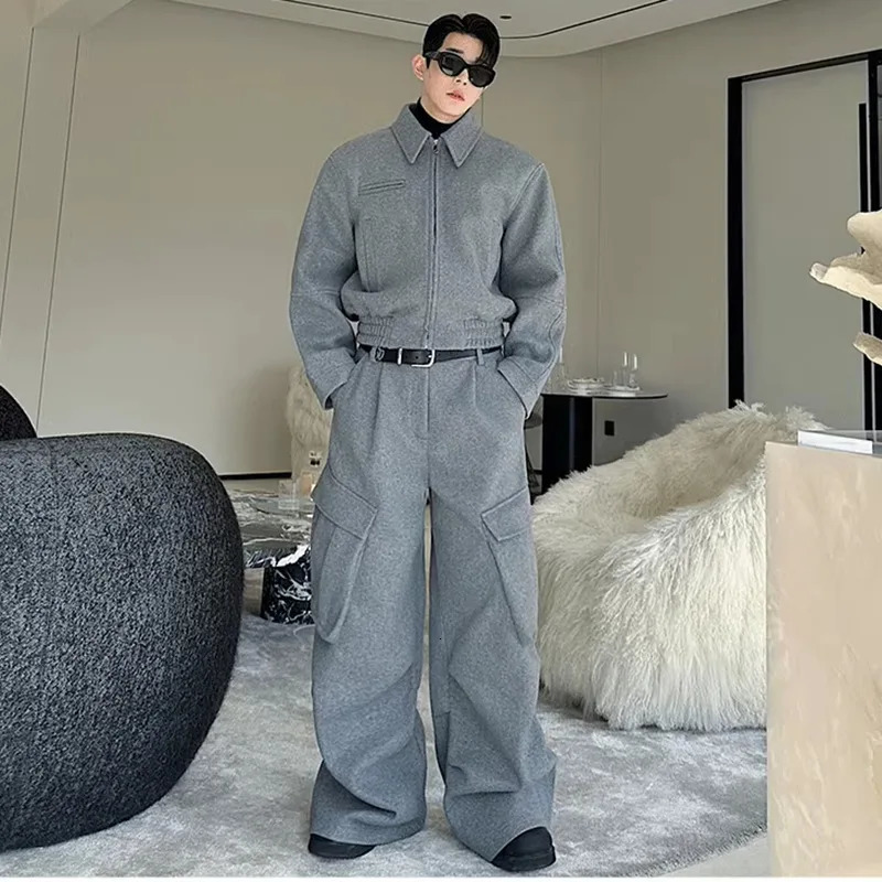 LUZHEN Woolen Casual Jacket Versatile Temperament Casual Vintage Big Pockets Decorate Wide Leg Pants Two-piece Set Male LZ8257 250220