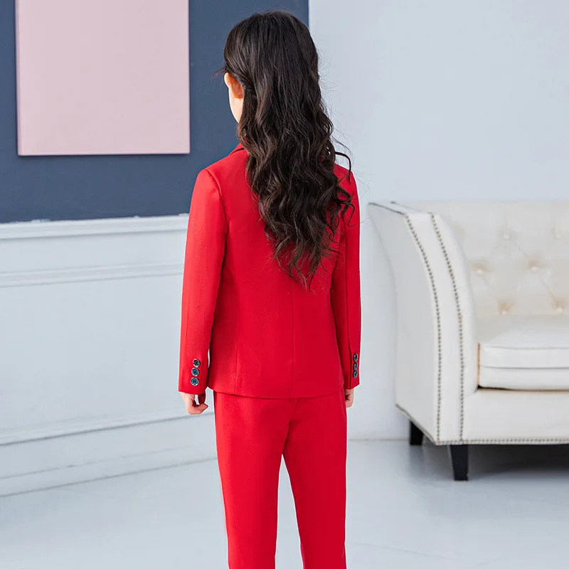 Girls Red Formal Suit Set Childrens Princess Wedding Show Host Costume Kids Blazer Vest Shirts Pants Tie Clothing Sets 250219
