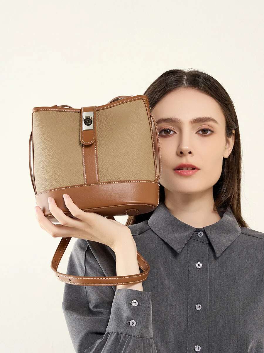 First Layer Cowhide Genuine Leather Bucket Women New Style 2024 Popular Design Portable Commuter Crossbody Shoulder Bag