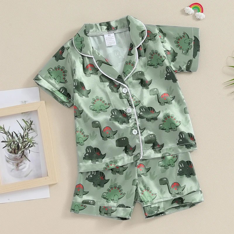 Kids Boys Summer Pajama Outfits Dinosaur Print Turn-Down Collar Short Sleeve Shirts and Elastic Waist Shorts 2 Pieces Sleepwear 250219
