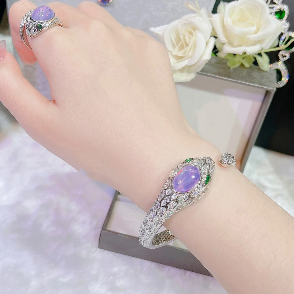 Silver Color Snake Shape Bracelets for Women Fashion Inlaid Amethyst Opening Cuff Bangles wholesale Jewelry 250220