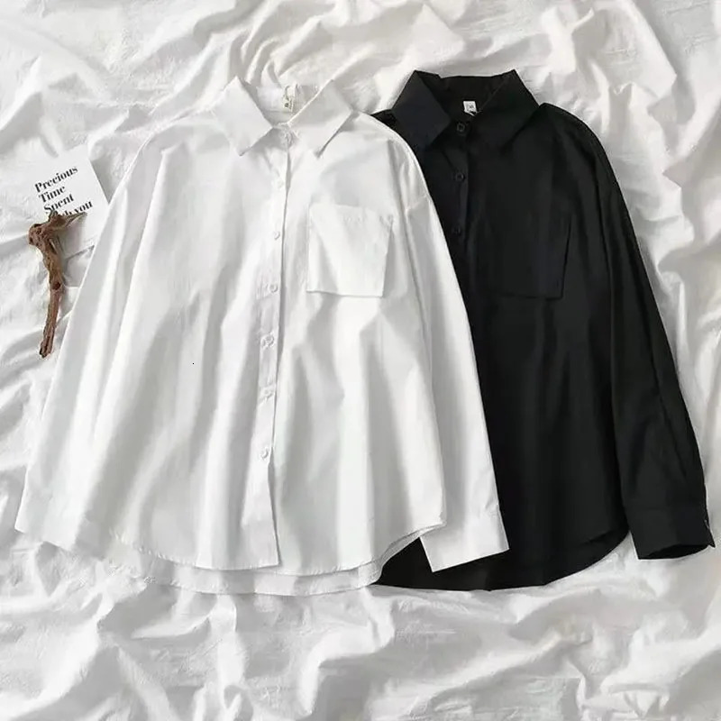 Black White Casual Shirt Women JK Preppy Style Long Sleeve School Shirts Girl Harajuku Loose Turn Down Collar Button Up Blouses 250219
