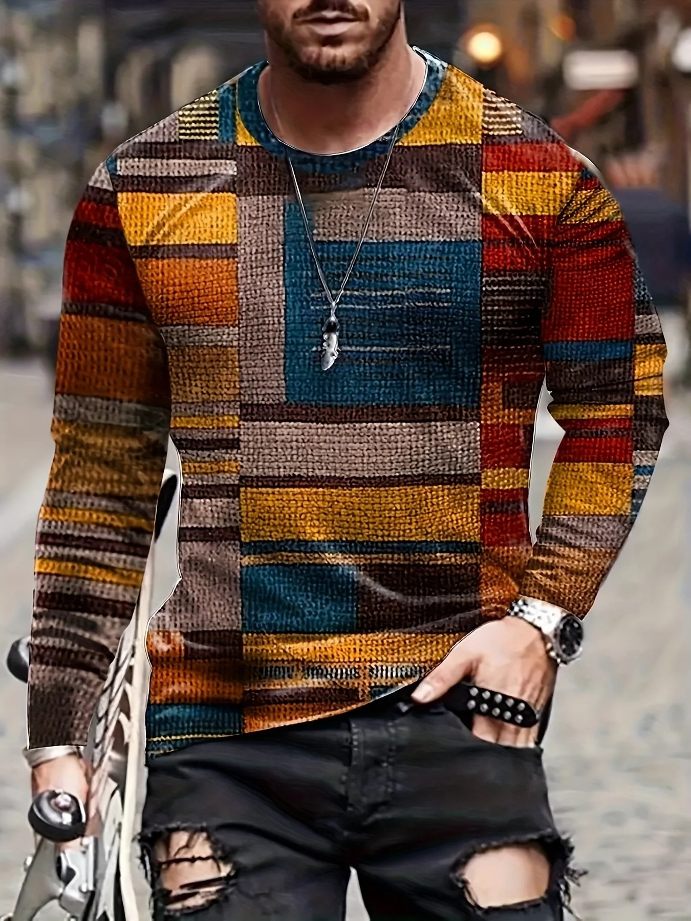 Fashion Mens Colorful Irregular Plaid Pattern Round Neck Longsleeved Tshirt Spring And Autumn Outdoor Sports Tops Tee 250213