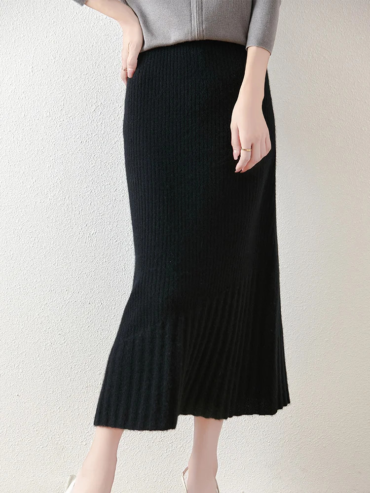 Women 100 Merino Wool Skirt Fishtail Long Autumn Winter Office Lady Soft Cashmere Slim Mermaid Dress 250220