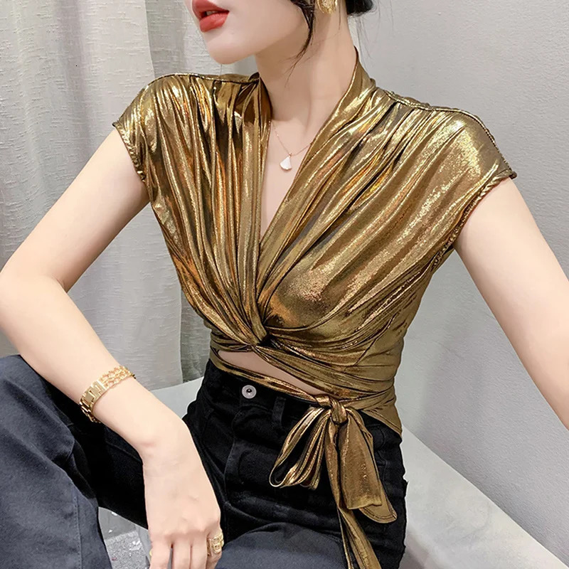 Street wear Gold Silver Green Shinny Short Sleeve Blouse Women Sexy Irregular Wrap Shirt Female Bandage Summer Tops 250219