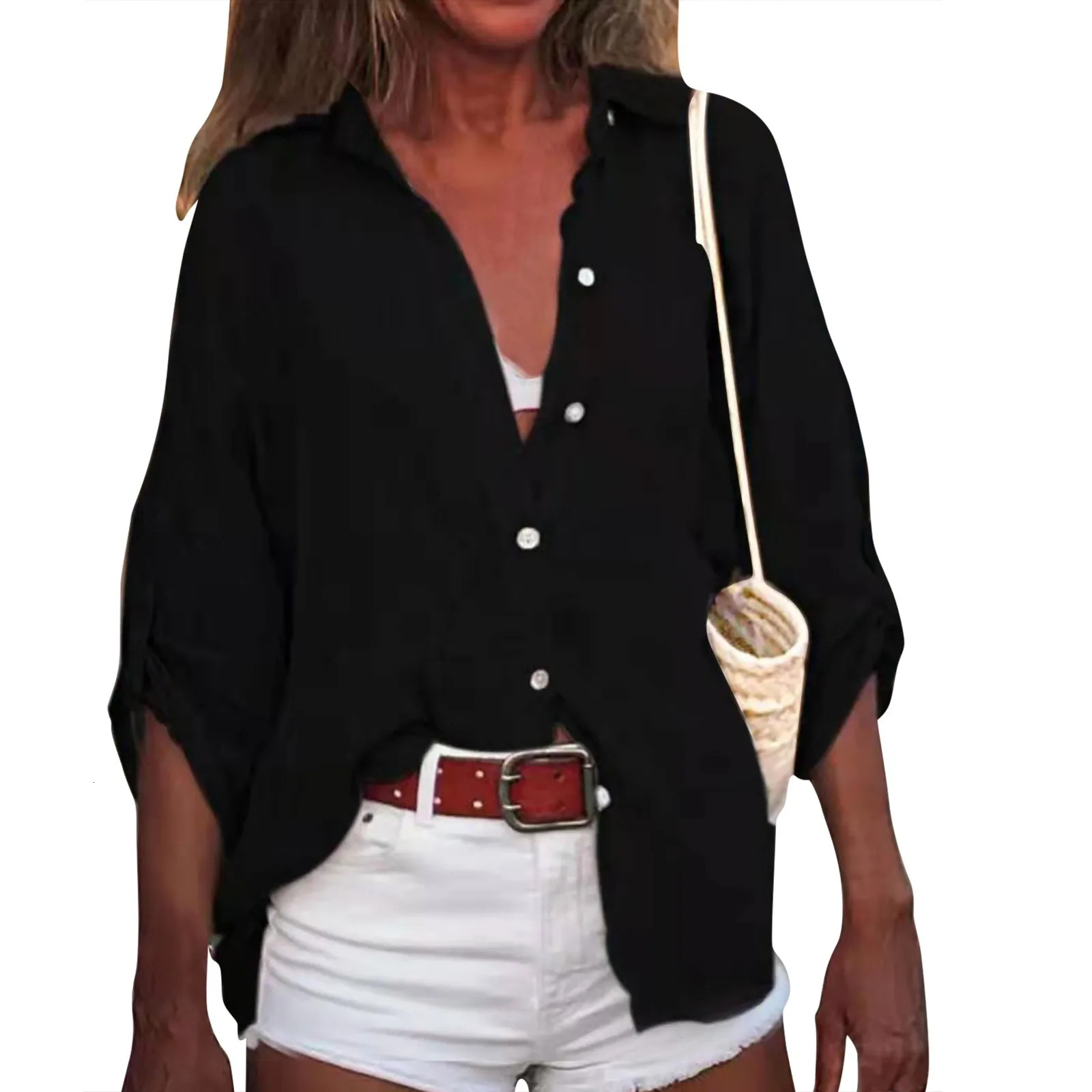 Summer Plus Size Cotton Linen Solid Color SevenPoint Sleeve Shirt VNeck For Ladies Loose Casual Lightweight Camisas De Mujer 250219