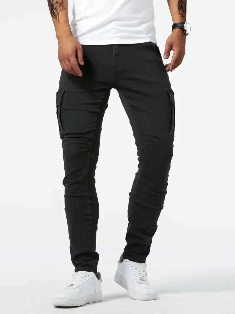 2025 Street Elastic Jeans Mens Denim Cargo Pants Wash Solid Color Multi Pockets Casual Mid Waist Trousers Slim Daily Wear Joggers X250220