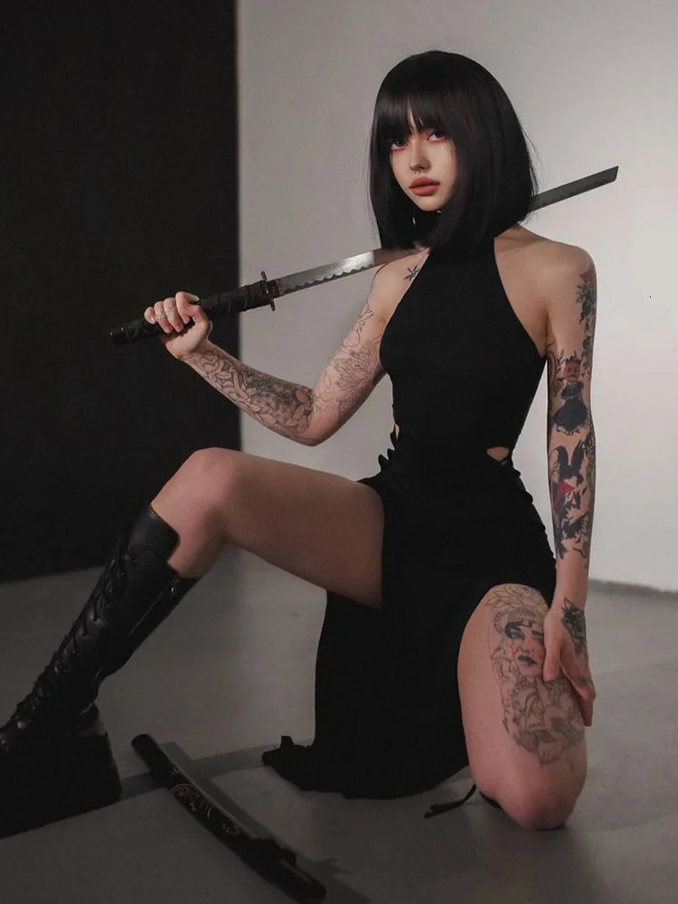 Goth Dark Cosplay High Split Sexy Bandage Womens Dress Y2K Shopping Center Gothic Strap Ultra Thin Midi Black Grunge Style Alt Partywear 250206