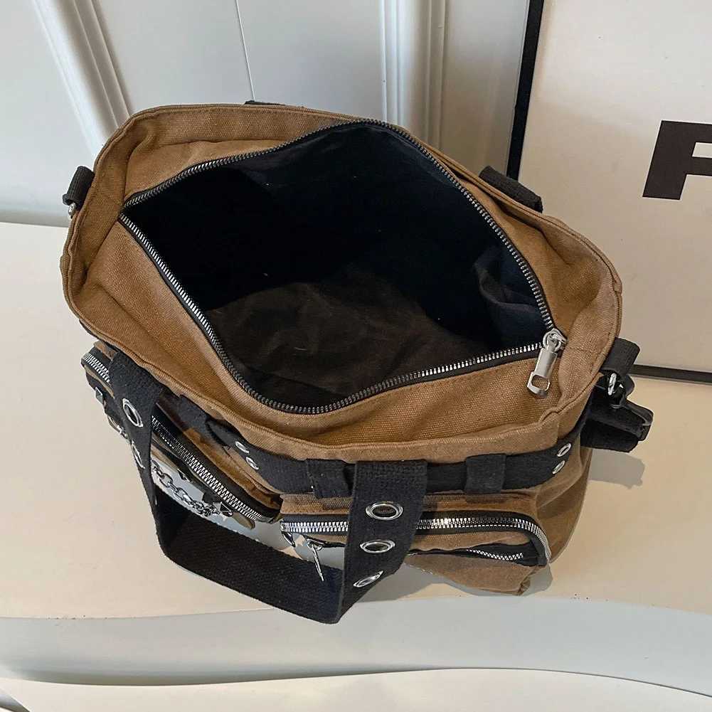 Women Rockabilly Shoulder Bag with Chain Canvas Crossbody Bag Zipper Closure Gothic Satchel Bag Female Outdoor Bag Y250218