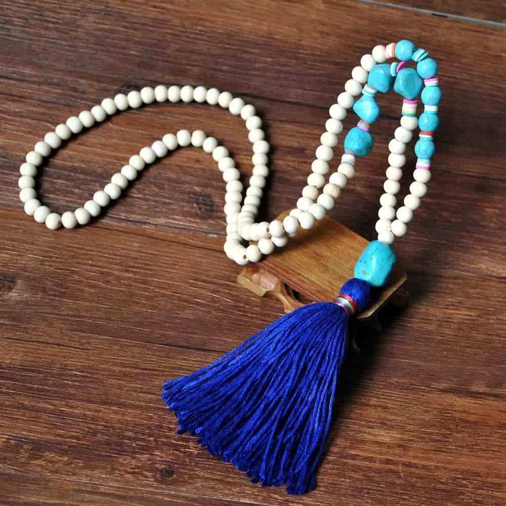 Pendant Necklaces Colorful tassel white wood bead long necklace for women Bohemian irregular turquoise soft pottery bead sweater chain hanging chain H