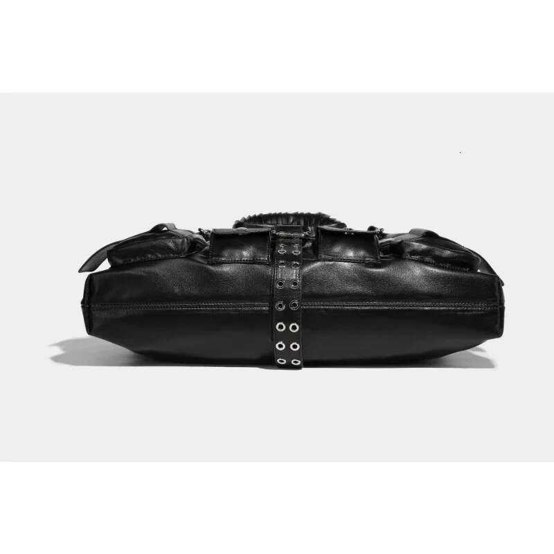 Black Punk Crossbody Women Multiple Pockets Wide Strap Rivet Ruched Belt Buckle Shoulder Bag Fashion Chic Designer Handbag