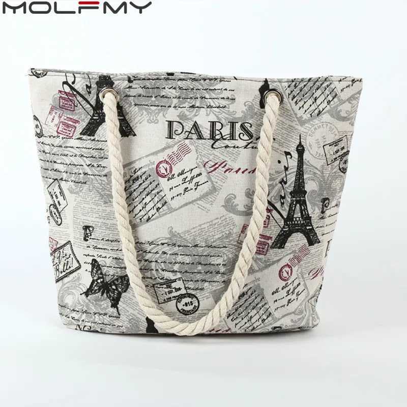 New Ladies Canvas Handbag Large Capacity Paris Tower Printed Travel Shopping Bag Female Shoulder Crossbody Bag Beach Tote Bags Z250219