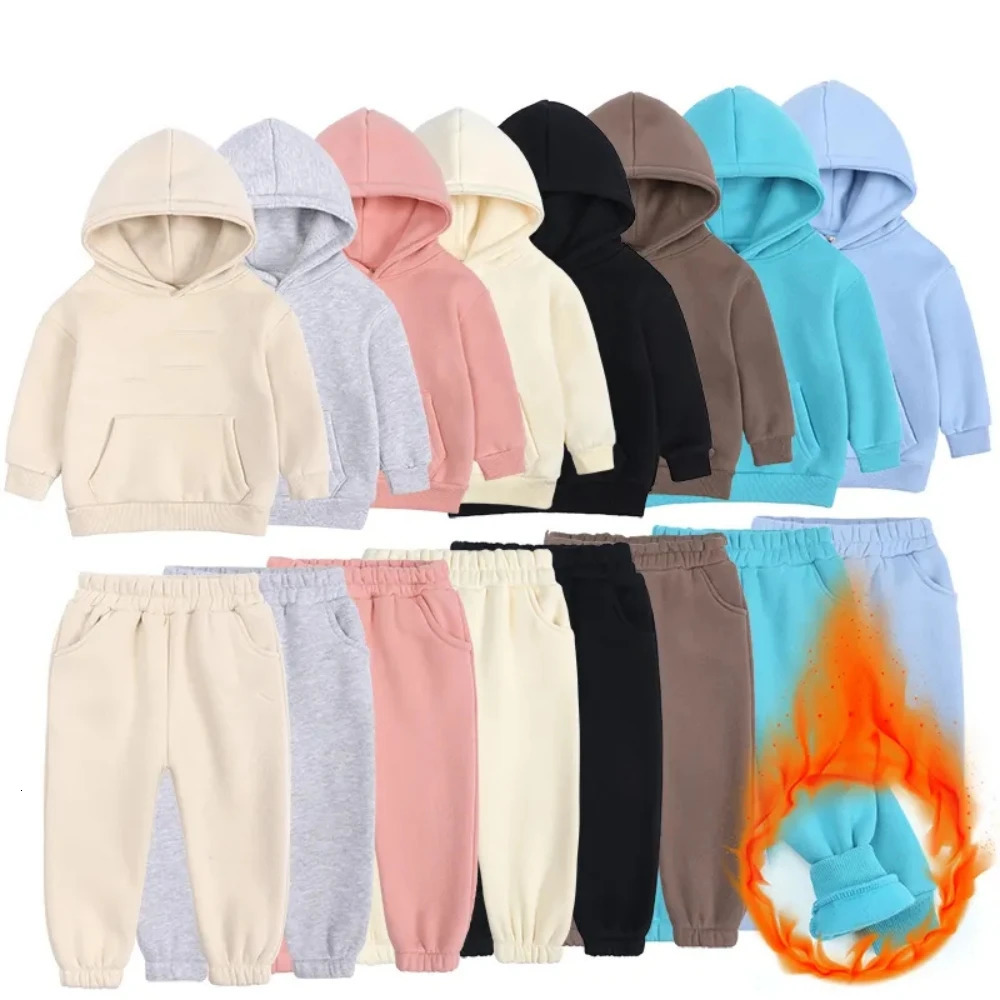2025 Winter Children Fleece Outfits Toddler Warm Thicken Cotton Soild HoodiesPants Tracksuit Kids Boy Girl Sweatsuits Sets 250220