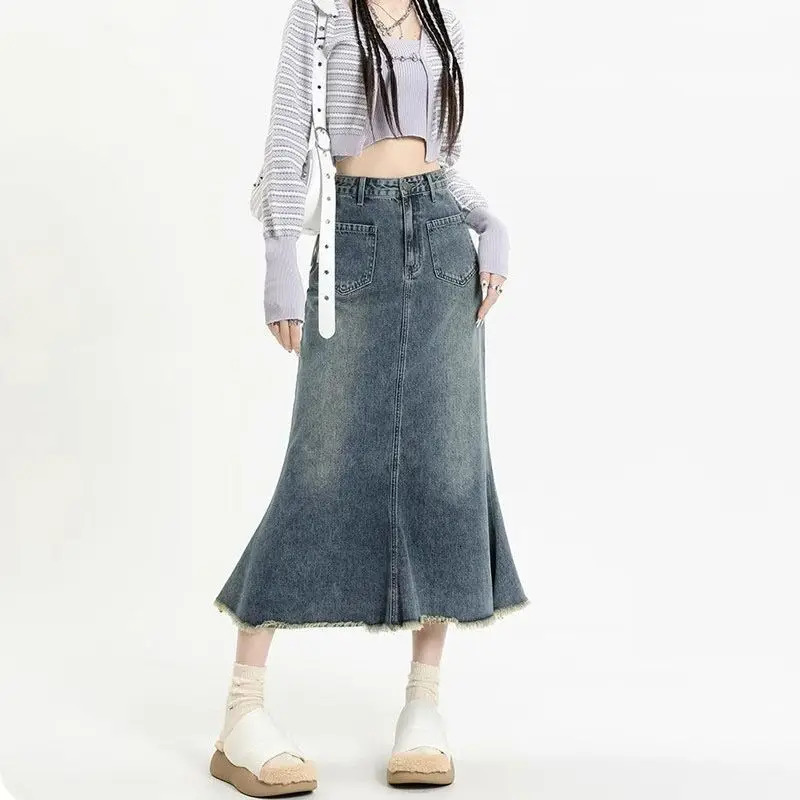 Womens high waisted retro denim leather niche n fishtail skirt medium long Aline 250220