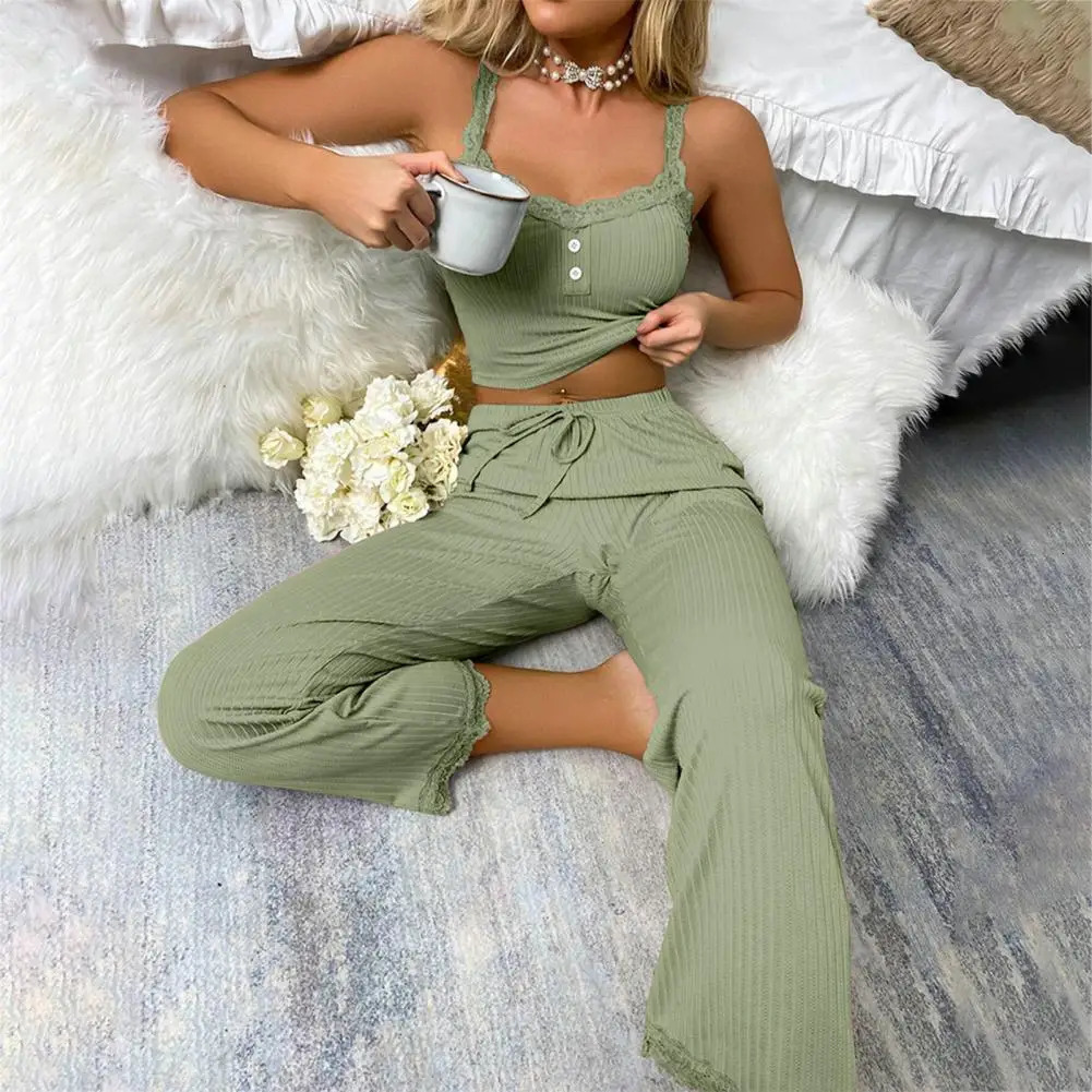 2Pcs/Set Womens Pajama Set Elegant Lace Trimmed Top Pants Sleepwear Set with Shirred Drawstring Waist Tank Top Loungewear 250219