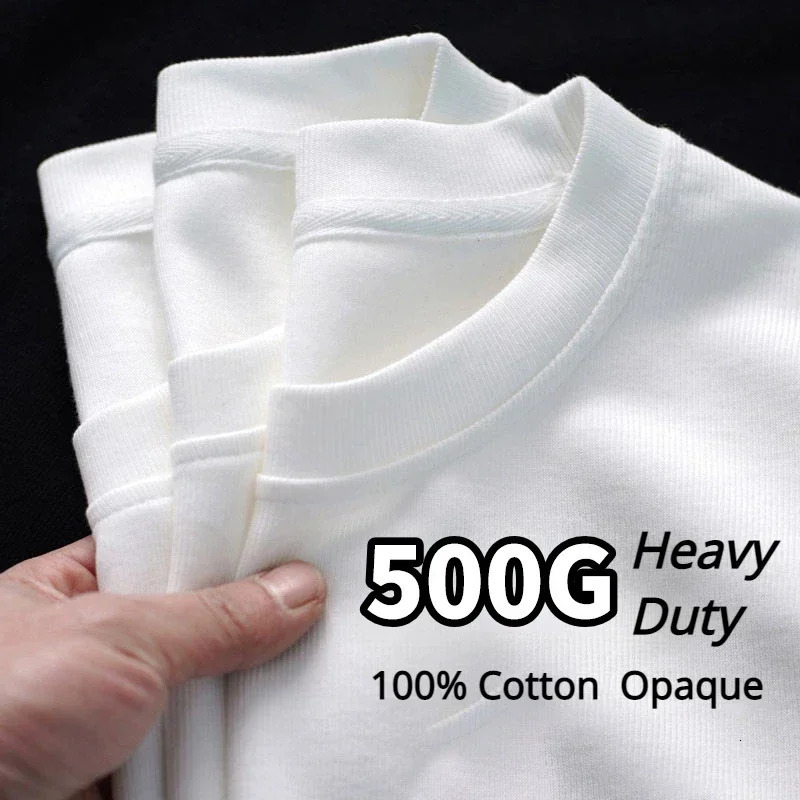 Unisex Black White GSM 500g Heavyweight Pure Cotton Tshirt Thickened Threaded Round Neck Short Sleeves Half Sleeve Tees 250218