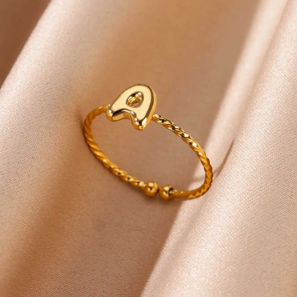 Cute Chunky Stainless Steel Intial Rings For Wen Girls Open Adjustable Gold Color Letter Ring Five Alphabet Jewelry Gift X250220