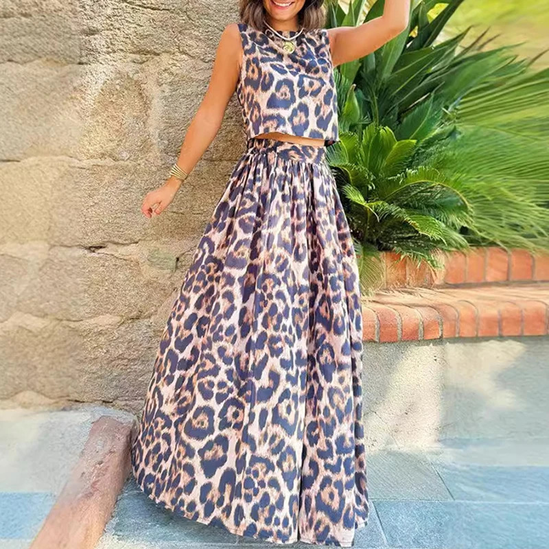 Fashion leopard print womens two-piece spring O-neck sleeveless vest top and long sleeved jacket summer backless bow knot set 250220