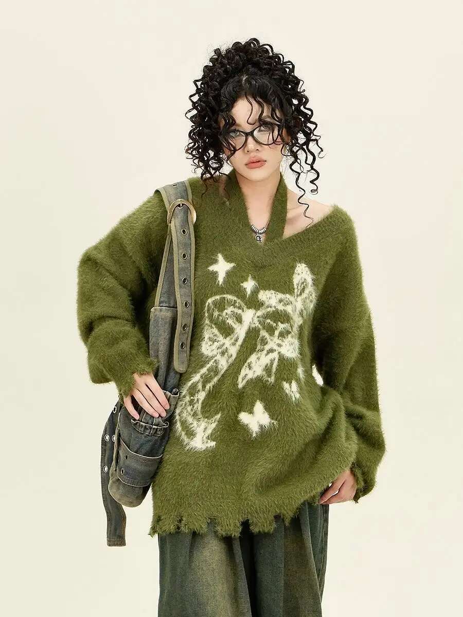 Winter American New Green Bow Neck Women Loose Print Pattern Vintage High Street Lazy Wind Knitted Sweater