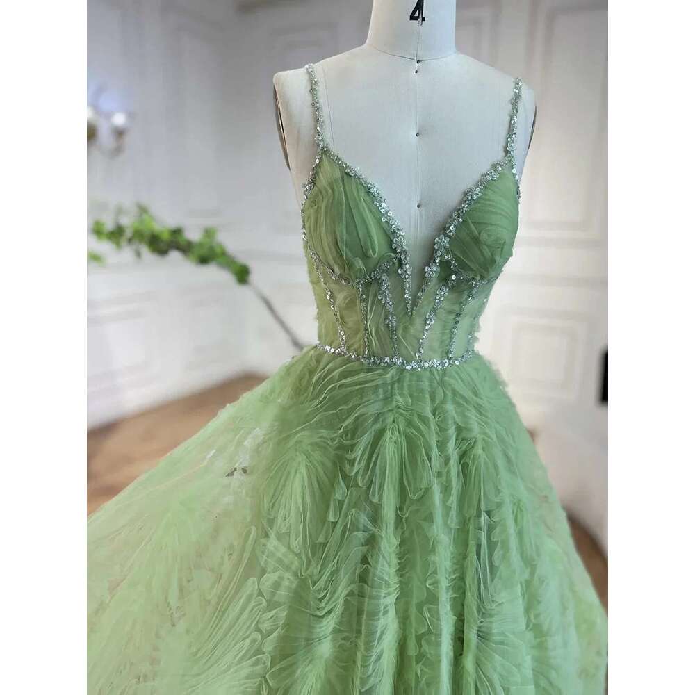 Arabic Sage Green Elegant Spaghetti Strap Backless A E Prom Dress For Women Evening Party Customize