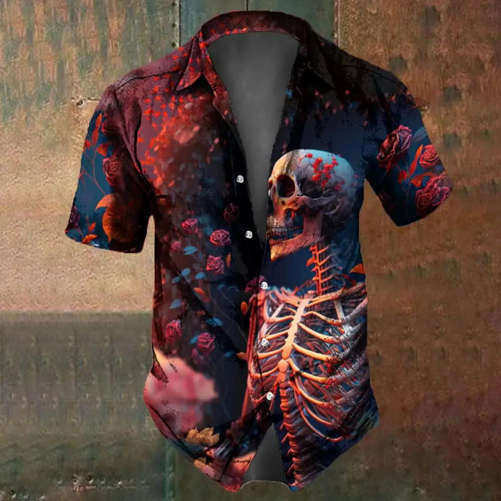 Retro Flower Skull Print Mens Shirt Summer Fashion Street Hip Hop Trendy Tops Shirts Oversized TShirts 250220