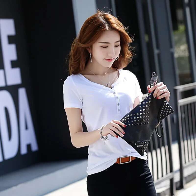 Summer New Casual V-neck Tshirt Nail Buckle Short Sleeved Women's T-shirts Slim Fit Cotton Simple Solid Color Tops Fashionable Designer T Shirt