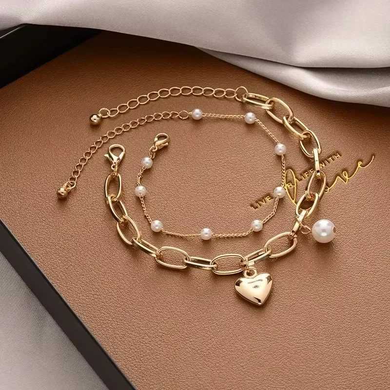1PCS Fashion Korean Style Pearl Heart Pendant Bracelet Woman Simple Vintage Stainl Steel Chain Bracelet Jewelry AccoriesXJ250219
