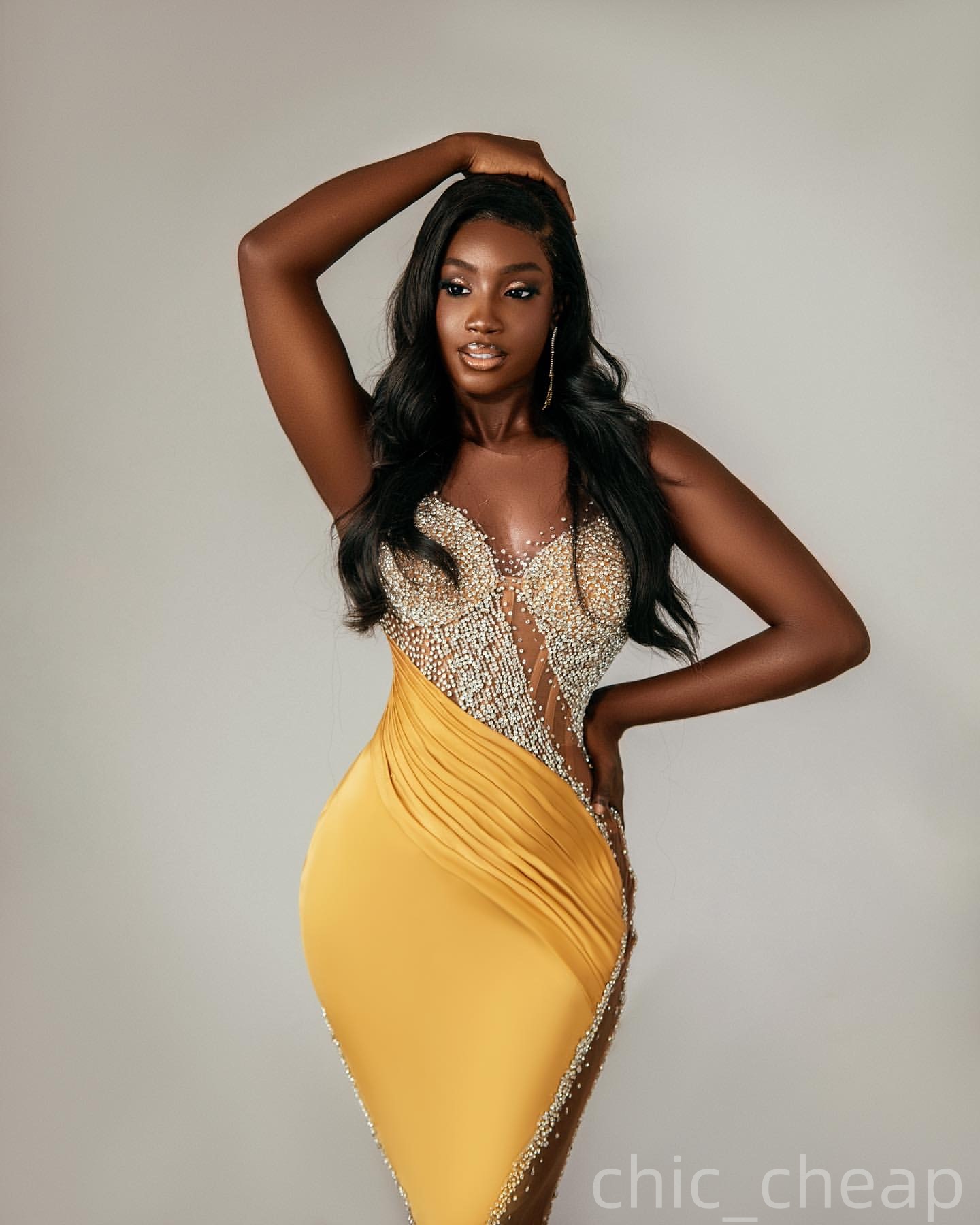 Yellow Illusion Mermaid Prom Dresses 2025 Satin Beaded Sheer Neck Evening Formal Party Second Birthday Engagement Gowns Plus Size Dress For Special Oc