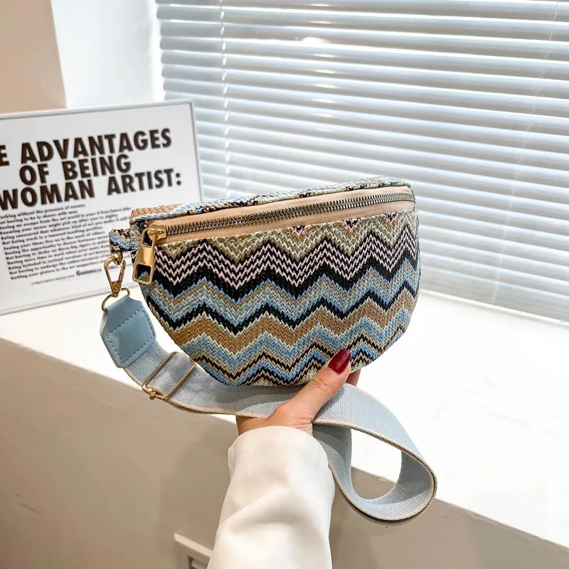 Stylish Straw Braid Fanny Packs For Women Wavy Stripe Waist Pack Ladies Contrast Colour Bag Woven Design Female Chest 250219