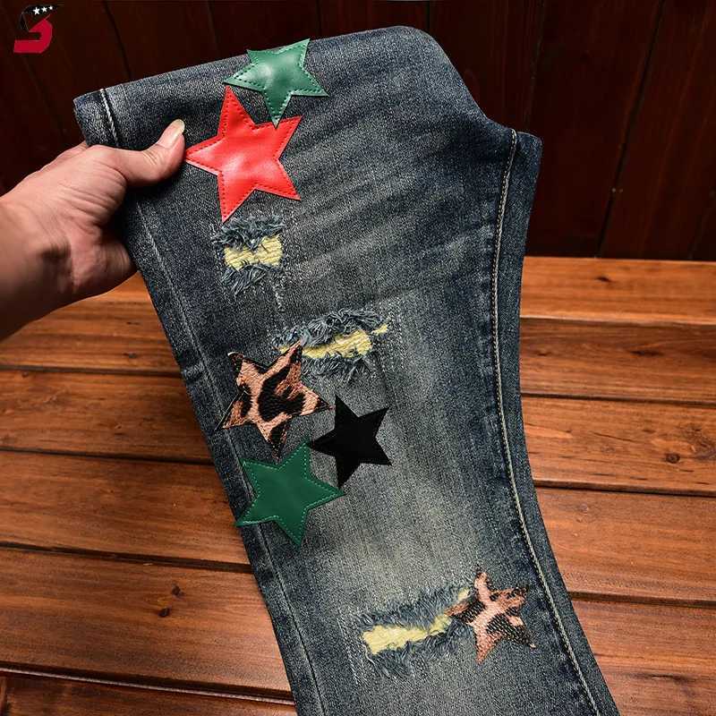 High Street Fashion Jeans Mens Autumn and Winter Clothing Hole Patch Personality Star Patch Slim Fit Skinny Stretch Pants X250220